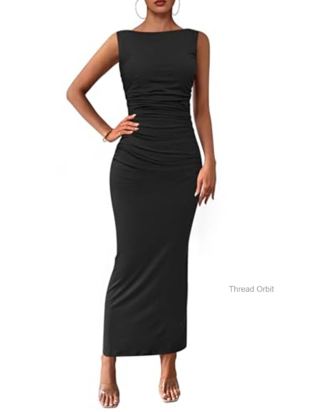 Women's Bodycon Midi Dress Sleeveless Ruched Back Slit Wedding Guest Party